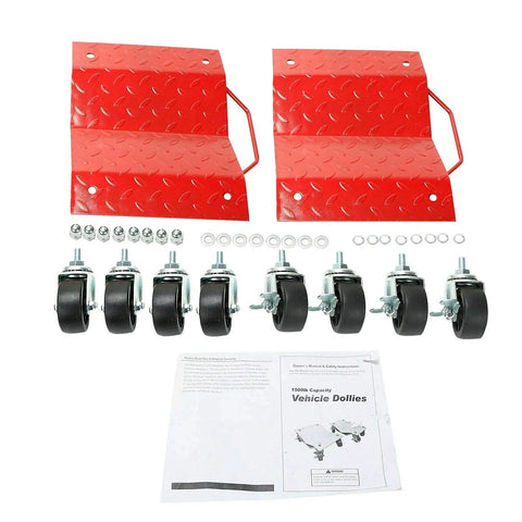 Heavy Duty Tire Skates 4 Pack Wheel Dollies With Slick Swivel Ball Bearing Casters For Hassle Free Car Transport And Gear Moves 6000 Lb Capacity with wheels and red platforms.