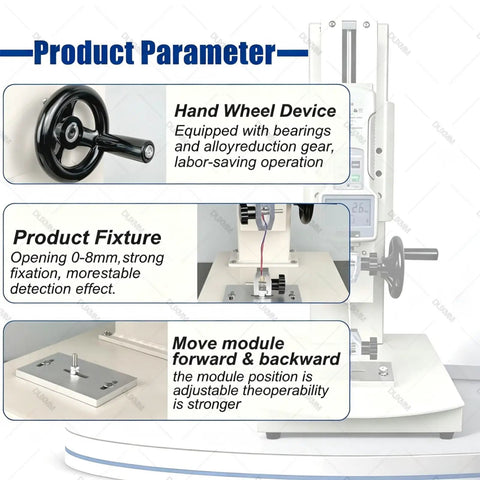 Product parameters of Straight Shooting Digital Force Gauge 10 To 2000N showing hand wheel, fixture, and adjustable module.