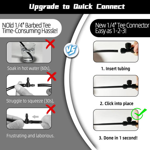 Comparison of old vs new tee connectors from Bulk 45 Pack Quick Connect Drip Irrigation Fittings Kit For One Quarter Inch Tubing