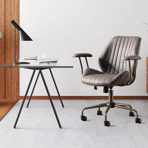 Mid Century Modern Office Chair Grey Faux Suede Ergonomic Mid Back Executive Seat With Lumbar Support Swivel Base with desk