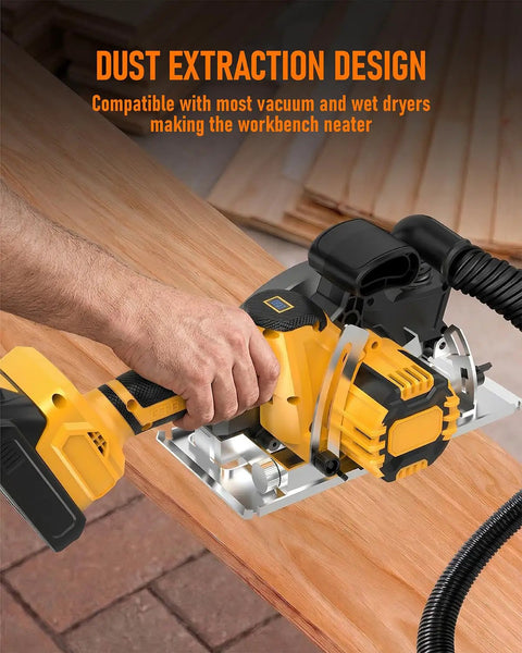 High-Output 6 1 2-Inch Cordless Circular Saw For Gnarly Cuts On Any 20V System Includes Two Blades And Guide Ruler For Crisp Slices Every Pass  Dust extraction design shown with vacuum hose attachment.