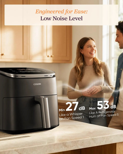 Six Quart Nine In One Air Fryer With Pfas Free Ceramic Basket and Fast Air Technology on kitchen counter.