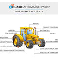 Illustration of a yellow tractor with labels for parts like mirrors, wipers, exhaust, and engine components from Reliable Aftermarket Parts.