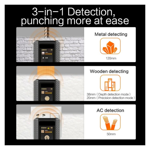 Big Time 3in1 Wall Scanner And Stud Finder With Crisp Screen showing metal, wood, and AC detection capabilities.