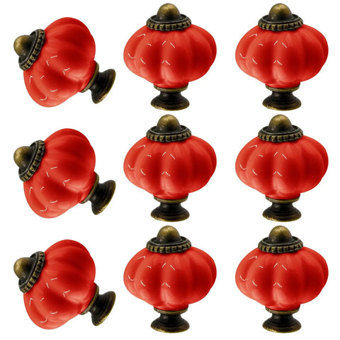 Set Of Eight Red Ceramic Pumpkin Knobs With Heavy Duty Zinc Base And Shiny Embossed Glaze For Vintage Cabinets And Kitchen Drawers