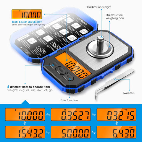 Ultra Precise Digital Milligram Scale 0.001g With 50g Capacity Portable Jewelry Pocket Scale, backlit LCD, tweezers, tray shown