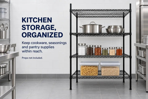Beefy Heavy Duty Steel Wire Shelving Rack, 4 Tier Adjustable Metal Storage Shelves, 440 Lbs Per Shelf, organized in kitchen