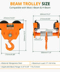 Adjustable I-Beam Push Beam Trolley 3 Ton Capacity Drop-Forged Swivel Hoist Hook dimensions with manganese steel frame on a white background.