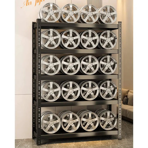 Handles The Daily Grind 5 Tier Adjustable Metal Shelving Unit And Heavy Duty Storage Rack for storing car wheels neatly.