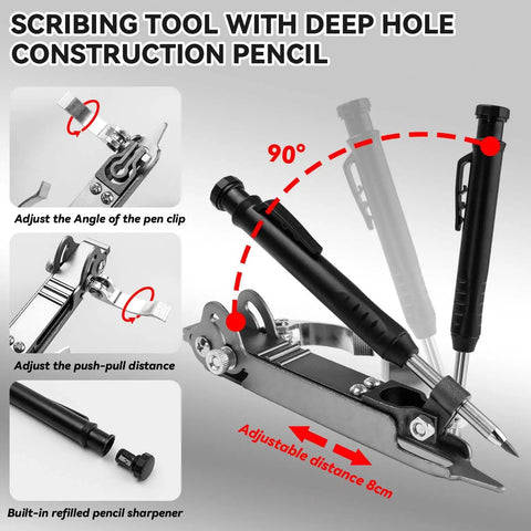 Built Tough Aluminum Alloy 4 In 1 Multipurpose Scribing Tool With Deep Hole Construction Pencil Precision Carpenter Compass Marking Gauge showing adjustment features.