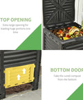 Massive 80 Gallon Outdoor Compost Bin With Aerating Design And 48 Air Vents, top open and bottom door views for easy compost access.