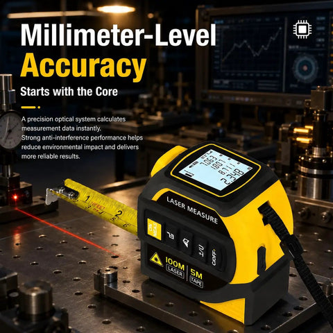 Badass 4 In 1 Laser Tape Measure With 328 Ft Range And 16 Ft Self Locking Blade Featuring Dual Axis Level And Cross Line Projection on workbench