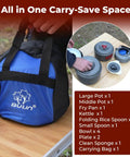Lightweight Backpacking Camping Cookware Set For Two To Four People with carry bag and outdoor setup featuring pots and kettle.
