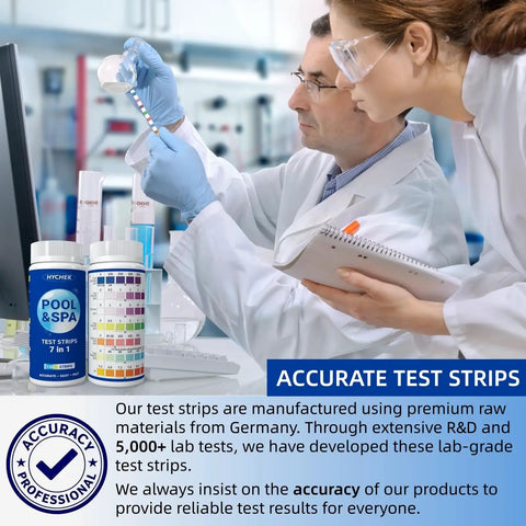 Laboratory scene showing the 7 In 1 Pool Test Strips 150 Count Hot Tub And Spa Water Tester being analyzed for accurate chemical testing.