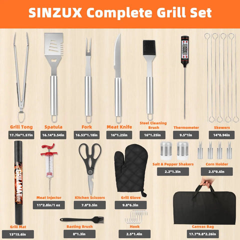32 Piece Heavy Duty Stainless Steel BBQ Grill Tool Set With Case Including Spatula, Tongs, Fork, Knife, and Accessories
