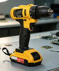 Heavy Duty Cordless Drill And Electric Screwdriver With High Torque Brushed Motor And Slick Keyless Chuck on workbench, showcasing battery.