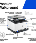 Color LaserJet Pro MFP 3301sdw Wireless All In One Color Printer with features and labeled components for office use.