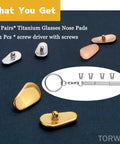 Premium Screw On Titanium Glasses Nose Pads No Sweat Anti Slip Bridge Piece That Absolutely Stays Put Ergonomic Shape keeps frames snug, two pairs with screwdriver.
