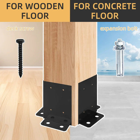 Four Pack Post Anchor Base Set Black Powder Coated Deck Post Brackets for wood and concrete floors with screws and bolts.