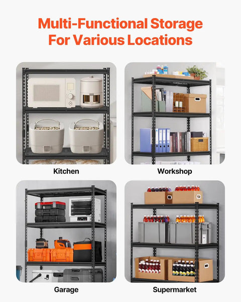 Badass Ultra Heavy Duty Four Tier Garage Storage Shelves With 2400 Lb Load Capacity Adjustable Steel Utility Racks For Basement Warehouse Home Workshop Super Durable Black Frame shown in kitchen, garage, workshop and supermarket contexts.
