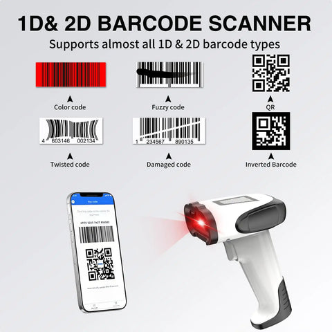 1D and 2D barcode scanner demonstrating wireless scanning with smartphone. Various barcode types shown as examples.