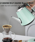 0.9L Electric Kettle With 304 Stainless Steel Interior, 1000W Fast Boil In 4 To 6 Minutes, shown in mint green pouring water into a dripper