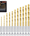 Titanium Coated Drill Bit Set With Hex Shank And 135 Degree Tip High Speed Steel Drill Bits Kit shown in varying sizes