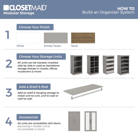 Total Game Changer Modular Closet Organizer With Four Adjustable Angled Shoe Shelves And Slick Taupe Finish For Seamless Stacked Storage Setup Hardware Included setup guide, storage unit options, taupe laminate finish.