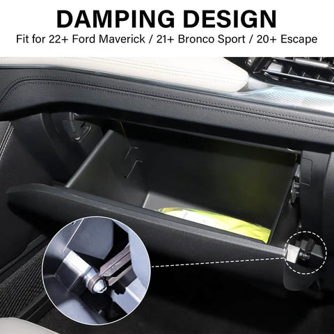 Plug And Play Soft Close Glove Box Damper For Ford Maverick Bronco Sport And Escape Dashboard showing installed damping design.