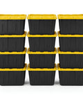 Tough As Nails Heavy Duty Storage Totes With Lids 27 Gallon stackable black plastic bins organized in a neat vertical arrangement.