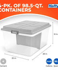 Rock Solid Stackable Plastic Storage Bins With Lids, Hella Spacious 98 Quart Hi Rise Containers For Home Garage And Closets, Snap Lock Grid Tops Shield Your Gear, Gray Four Pack, 98.5-quart container with lid, measuring 20x15x28 inches.