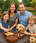 Family enjoying snacks from a Hexagonal Wooden Dry Fruit Tray With Lid Snack Serving Box For Nuts Dried Fruits Chocolates And Snacks