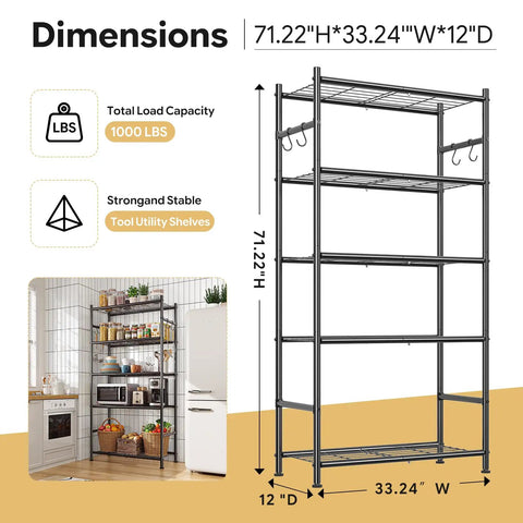 Rock Solid 5 Tier Metal Storage Shelf Heavy Duty Vertical Shelving Unit With Hooks 33.5 Inch Wide dimensions 71.22'H x 33.24'W x 12'D