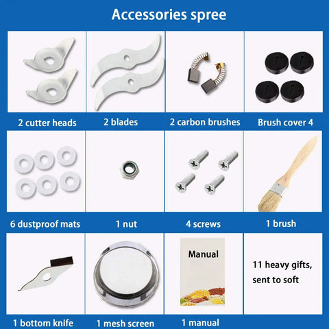 Accessories for 700G High Speed Electric Spice And Grain Grinder Mill including blades, brushes, screws, and manual