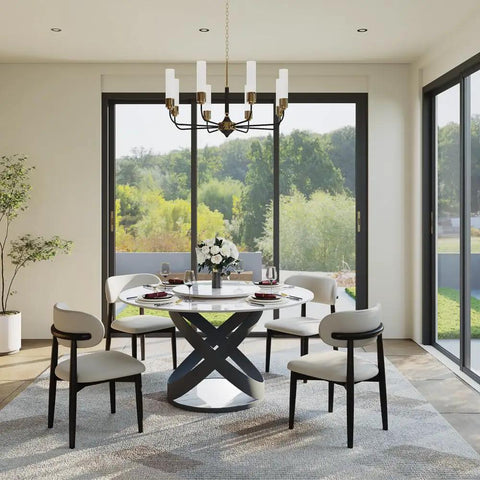 Modern 51 Inch Round Dining Table Slick Glossy White Sintered Stone Top Built Tough Black X Carbon Steel Base Lazy Susan in bright dining room.