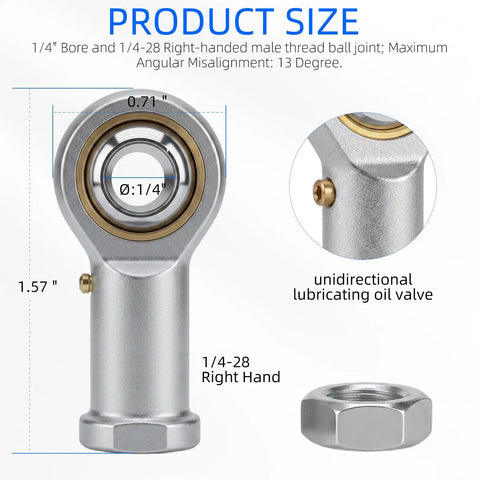 Heavy Duty PHSB4 Rod End Bearing One Quarter Inch Bore One Quarter Twenty Eight Right Hand Thread Chrome Plated Steel Build with oil valve.
