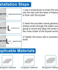 Installation steps for Zinc Self Drilling Drywall Anchors Kit With Screws 104 Pack In 3 Sizes showing use on gypsum wallboard.