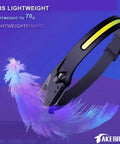 Rechargeable LED Headlamp With Motion Sensor, lightweight design, shown with floating feathers, ideal for hiking and cycling