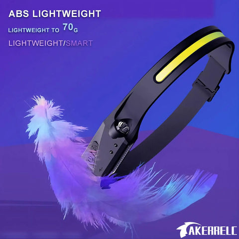 Rechargeable LED Headlamp With Motion Sensor, lightweight design, shown with floating feathers, ideal for hiking and cycling