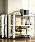Super Durable Triple Tier Metal Wire Shelf That Is Hella Versatile For Kitchen Pantries Garages And Bedrooms Easy Foldable Design Makes Clutter Disappear Fast with microwave and vegetables.
