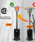 Comparison of Powerful 50,000 BTU Propane Patio Heater on Wheels with CSA standard height and others with lower height.