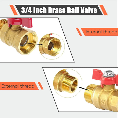 Dang Sturdy Three Quarter Inch Threaded Brass Ball Valve With Snappy Red Butterfly Handle showing internal and external threads.