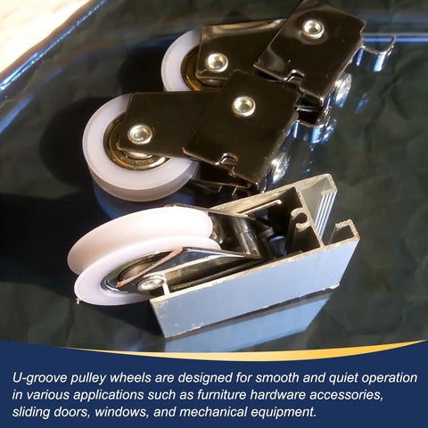 U Groove Ball Bearing Roller Featuring Top Tier Nylon Pulley Guide Wheel And Stainless Steel Track Wheel For Sliding Door Window Hardware Heavy Duty Smooth Operator Replacement White Pack Of Four close-up on roller and track.