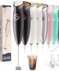 Handheld Milk Frother Wand With 2 Whisks, Electric Coffee Mixer for creamy foam, one-press operation in various colors shown with box
