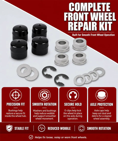 Built Tough Riding Mower Front Wheel Bearing Bushing And Axle Cap Rebuild Kit 16 Piece Hardware Set parts including bushings and E-clips.