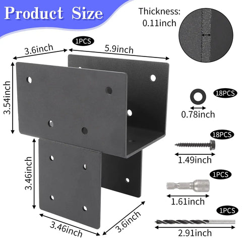 Beefy Inside Mount Post Cap Tie Bracket For Wood Posts, Heavy Duty Galvanized Steel Pergola Connector, Fits 3.55 x 3.55 Inch Posts, Black Post Anchor, 1 Pack