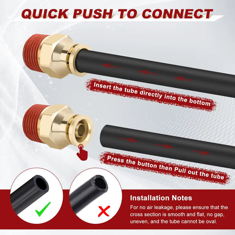 Three Eighths Push To Connect Pro Grade Brass Fittings Kit Straight And 90 Degree Elbow Combo DOT Approved installation diagram
