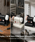 Built Tough Compact Bench Grinder Polishing Workstation Featuring Genuine Copper Motor in black and white finishes.