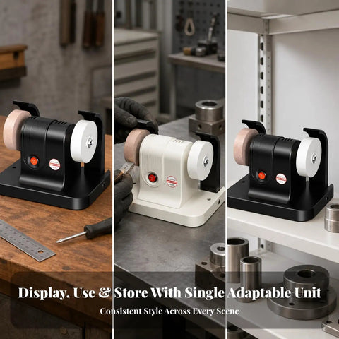 Rock Solid Compact Bench Grinder with Copper Motor Twin Wheels Adjustable RPM and Polishing Attachment Black Shell in black and white.