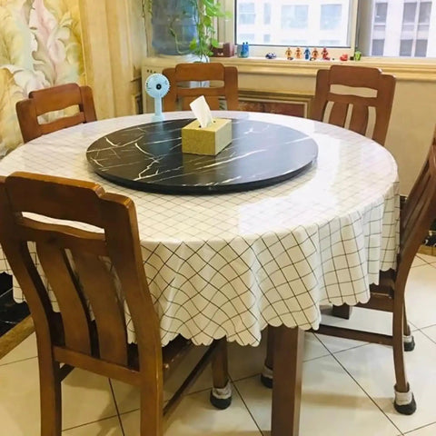 Smooth Operator Lazy Susan Serving Tray For Dining Tables Big 43 Inch Round Marble White Striped Turntable on wooden table